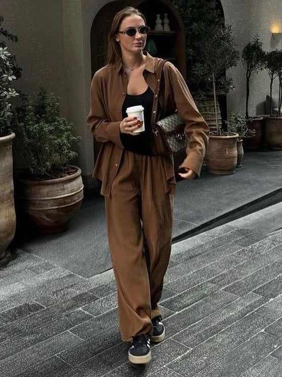 Damen elegantes Freizeitanzug-Set mit lockerer Bluse und weiten Hosen Stalluxe