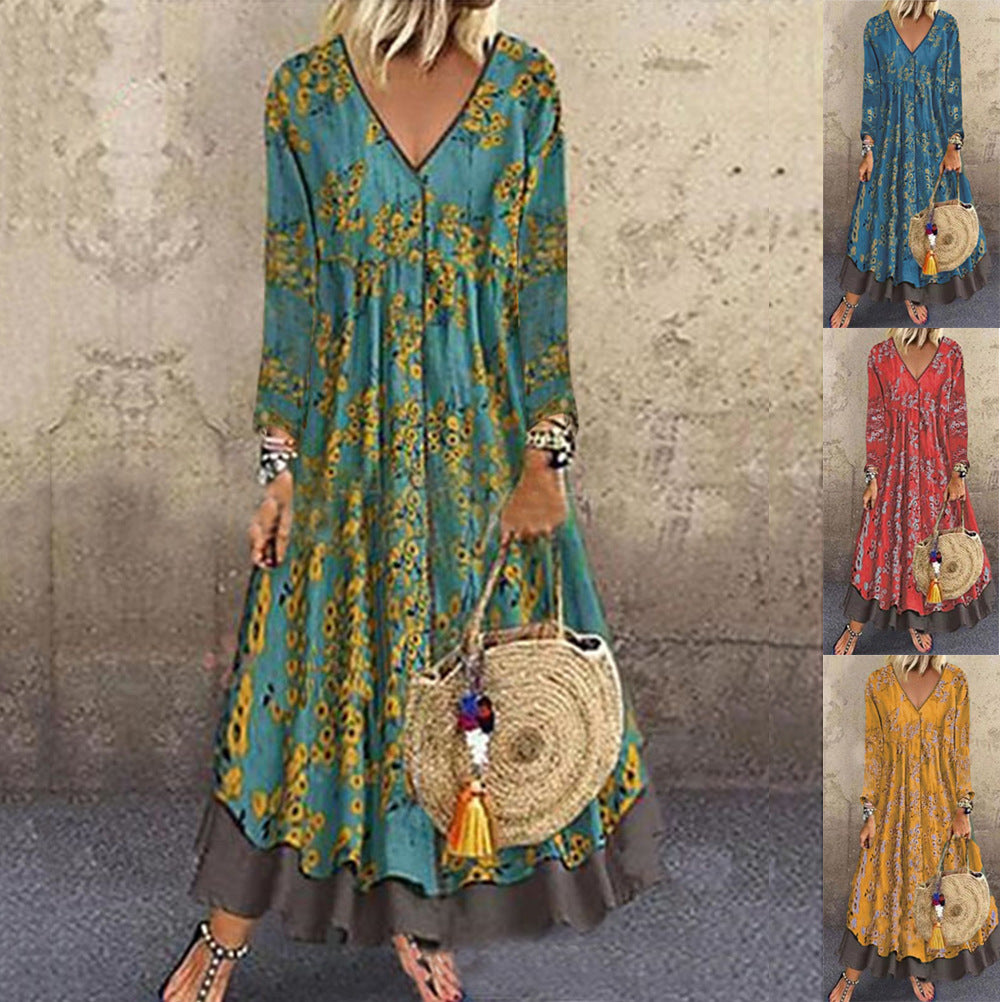 Damen Maxikleid mit V-Ausschnitt und langen Ärmeln Stalluxe