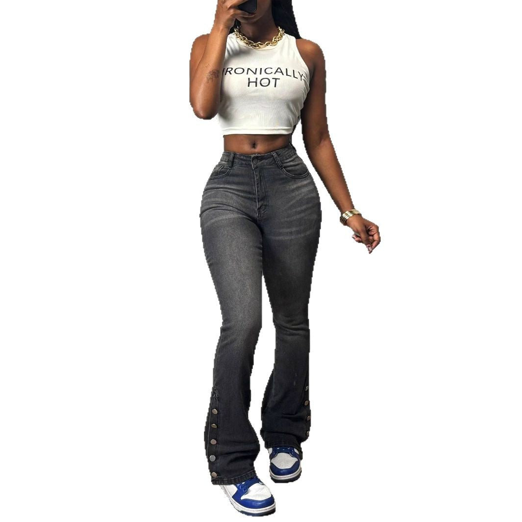 Damen Flared Jeans mit Knopfdetail und hohem Bund Stalluxe