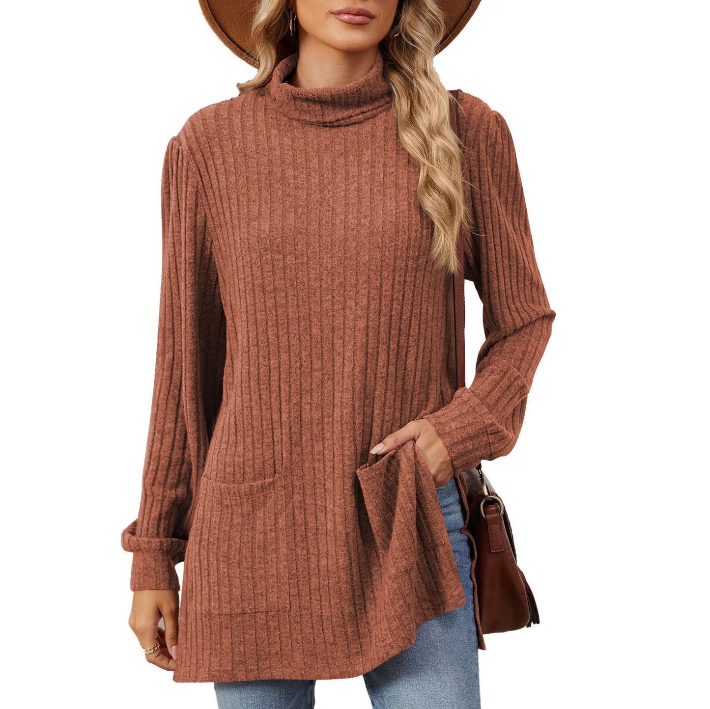 Damen elegantes Oberteil aus strukturierter Strickware mit Stehkragen und Seitentaschen Stalluxe