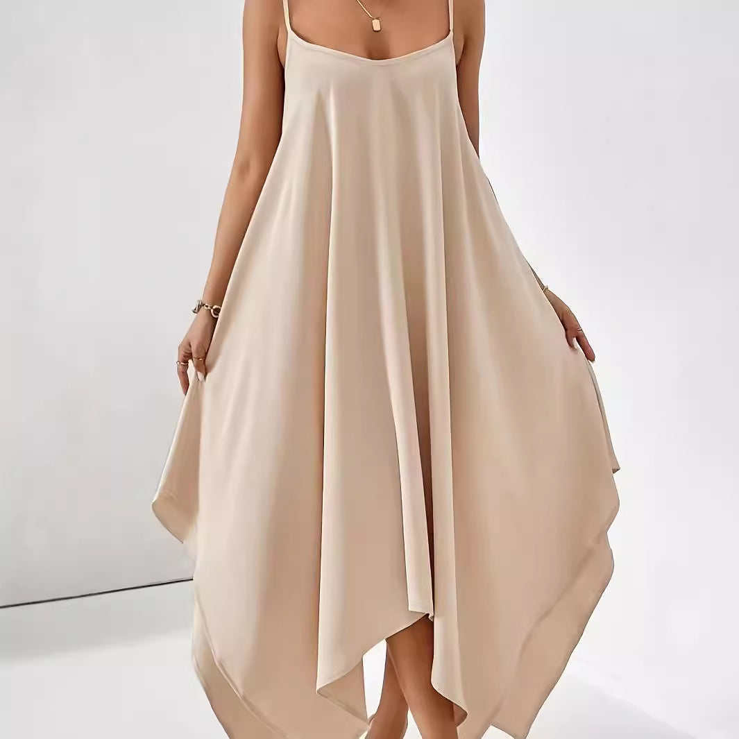 Damen luftiges Maxikleid mit asymmetrischem Saum und schmalen Spaghetti-Trägern Stalluxe