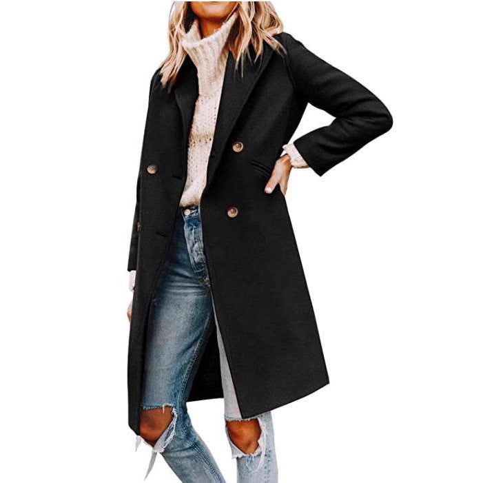 Damen eleganter, klassischer Wollmantel mit doppelter Knopfreihe und praktischen Taschen Stalluxe