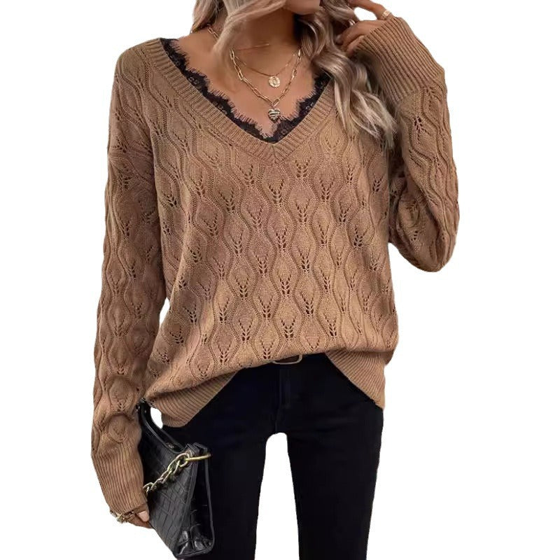 Damen Strickpullover mit elegantem V-Ausschnitt und feiner Lochstruktur Stalluxe
