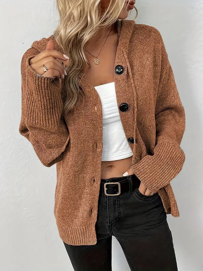 Damen gemütliche Strickjacke mit Kapuze und großen Knöpfen Stalluxe
