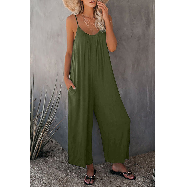 Damen Lässiger Sommer-Jumpsuit mit tiefem Ausschnitt und praktischen Taschen Stalluxe