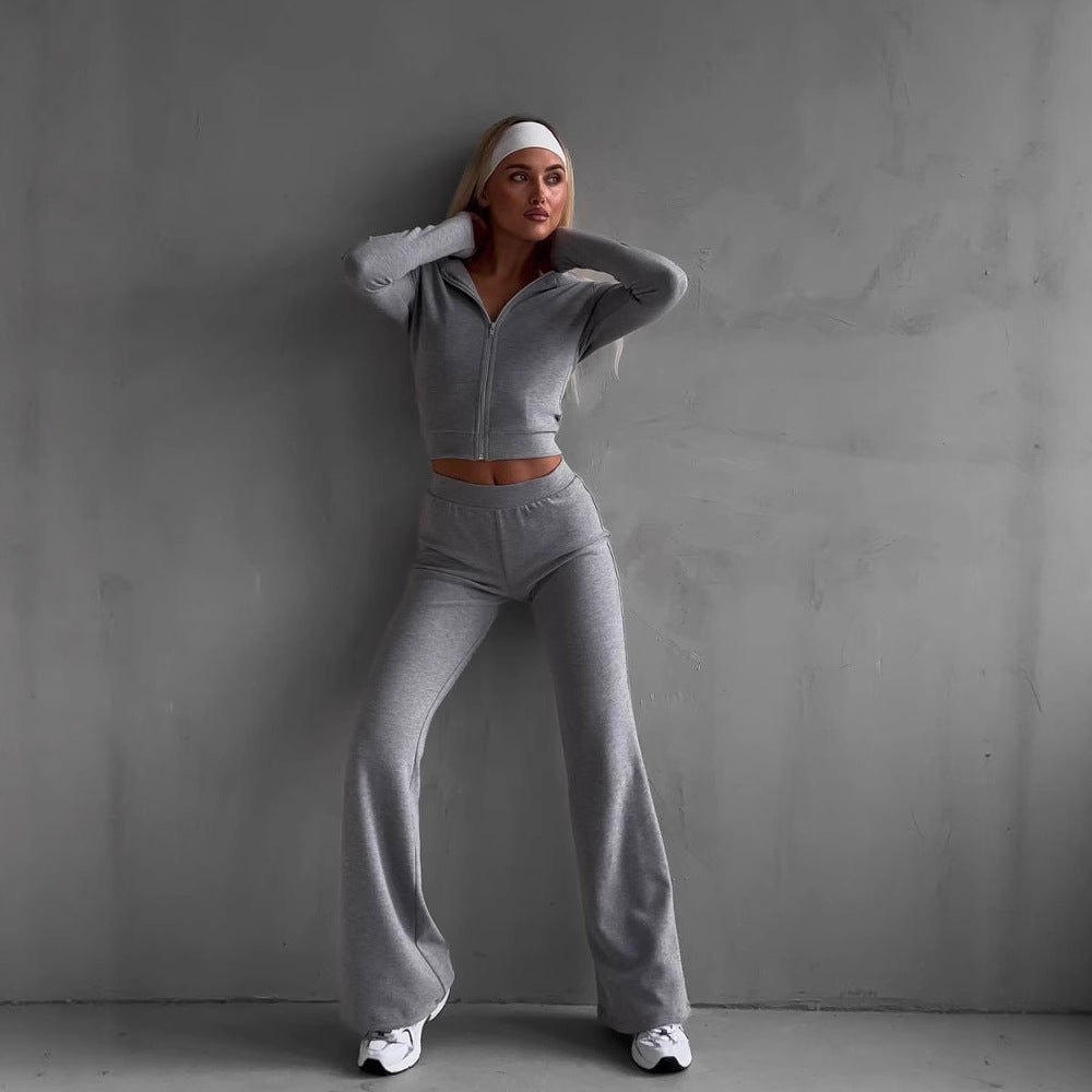 Damen lässiger Fitnesstraininganzug mit Reißverschluss und weiten Beinen Stalluxe