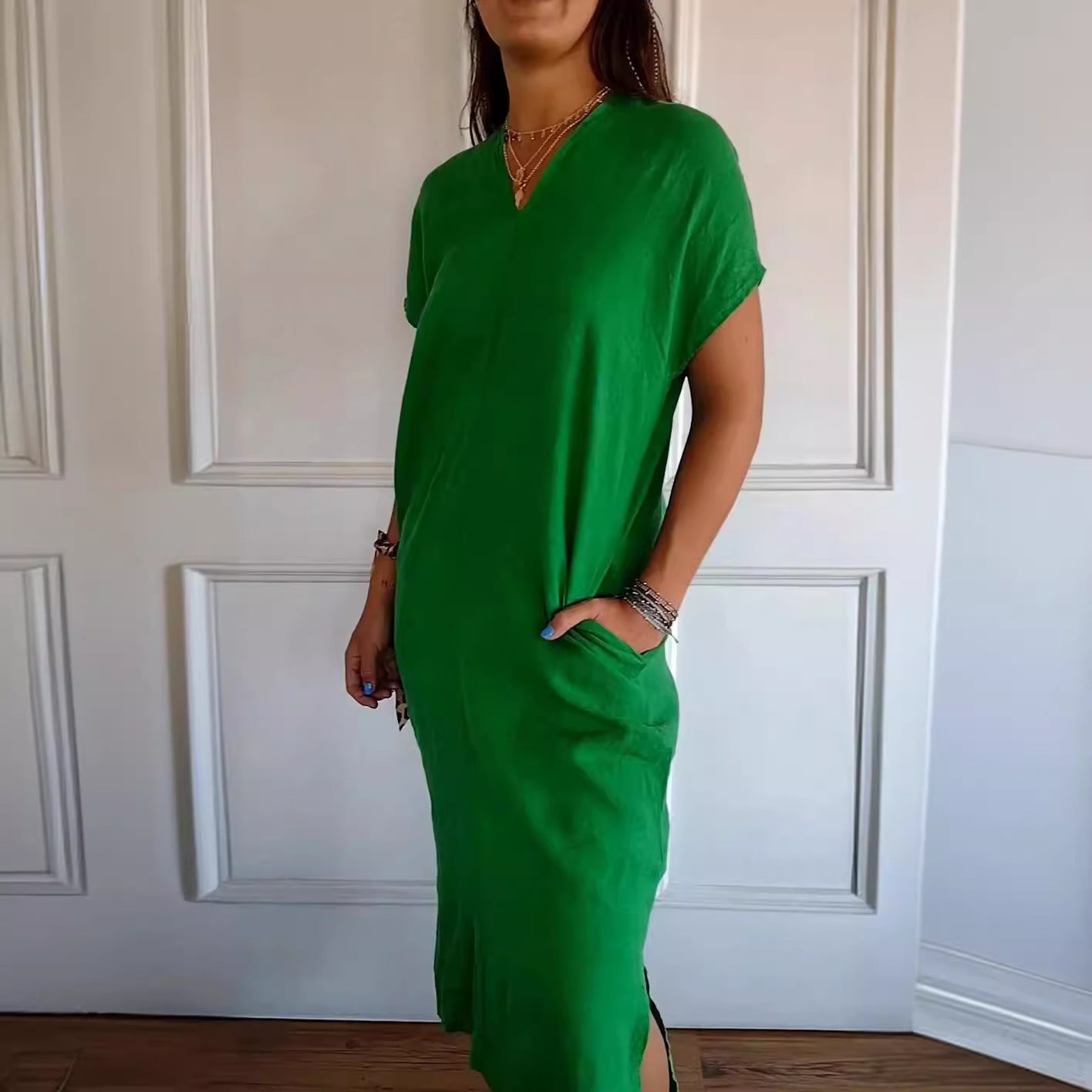 Damen lässiges V-Ausschnitt Kleid mit praktischen Taschen Stalluxe