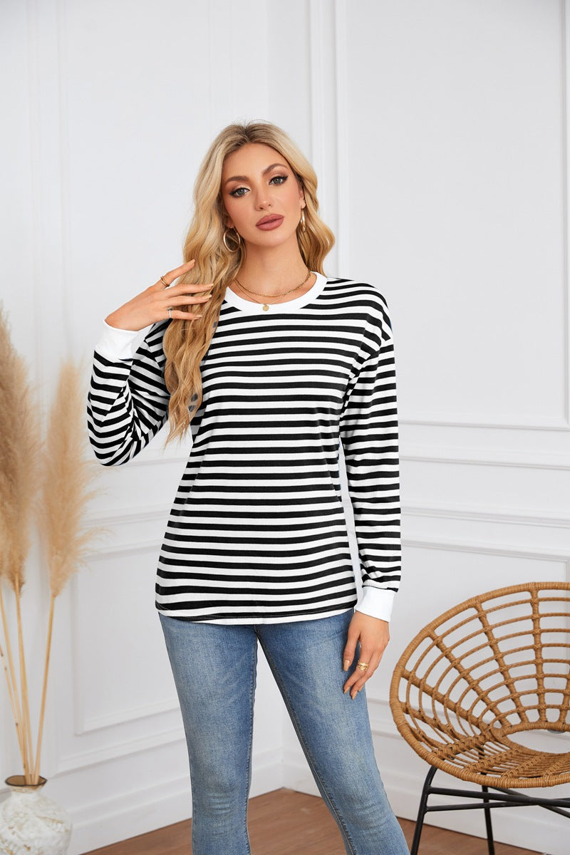 Damen gestreiftes Langarmshirt mit Rundhalsausschnitt Stalluxe