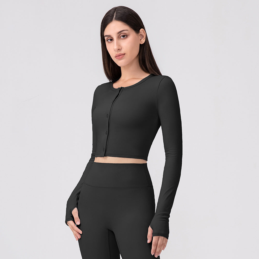 Damen Sport Cropped Langarmshirt mit Knopfleiste und Daumenlöchern Stalluxe