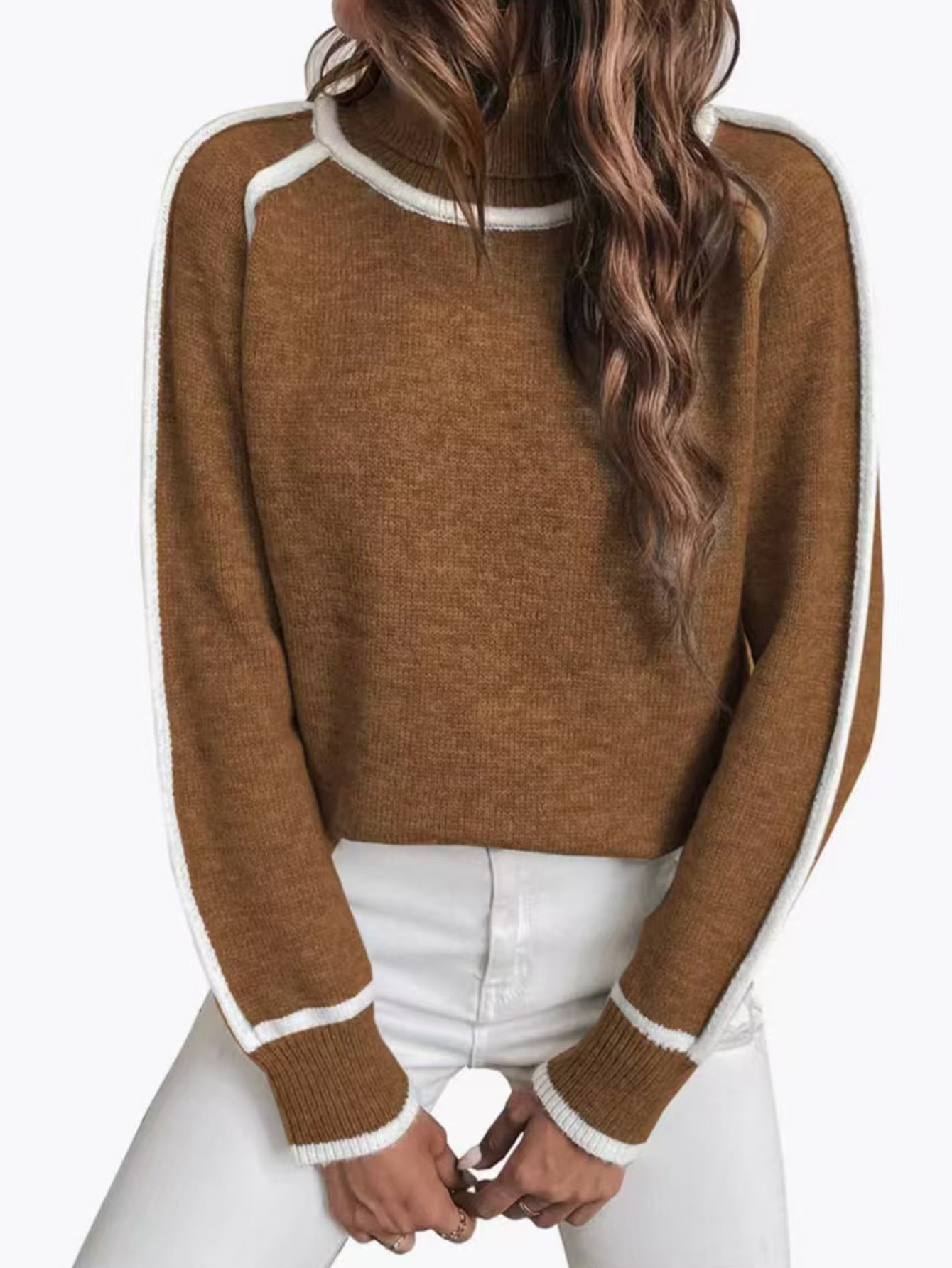 Damen Pullover mit hochgeschlossenem Kragen und kontrastierendem Streifen Stalluxe