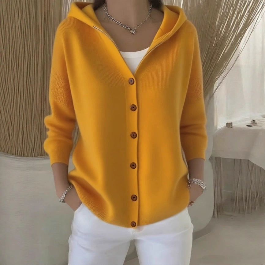 Damen lässige Strickjacke mit Kapuze und Knopfverschluss Stalluxe