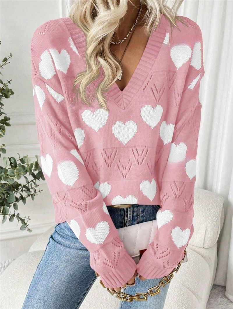 Damen kuscheliger Pullover mit herzförmigem Muster und V-Ausschnitt Stalluxe