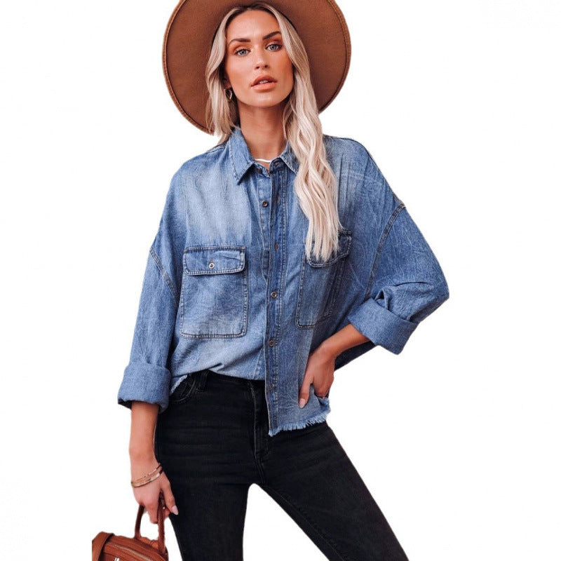Damen Lässige Denimbluse mit Fransen und aufgesetzten Taschen Stalluxe
