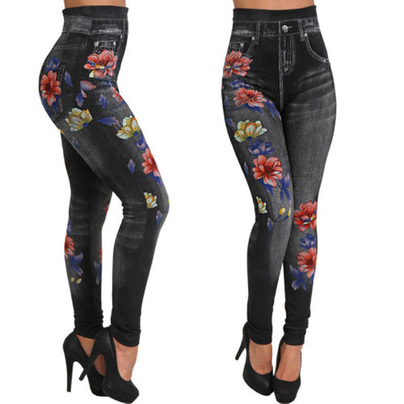 Damen Floral-Design Hochbund-Leggings aus Denim Stalluxe
