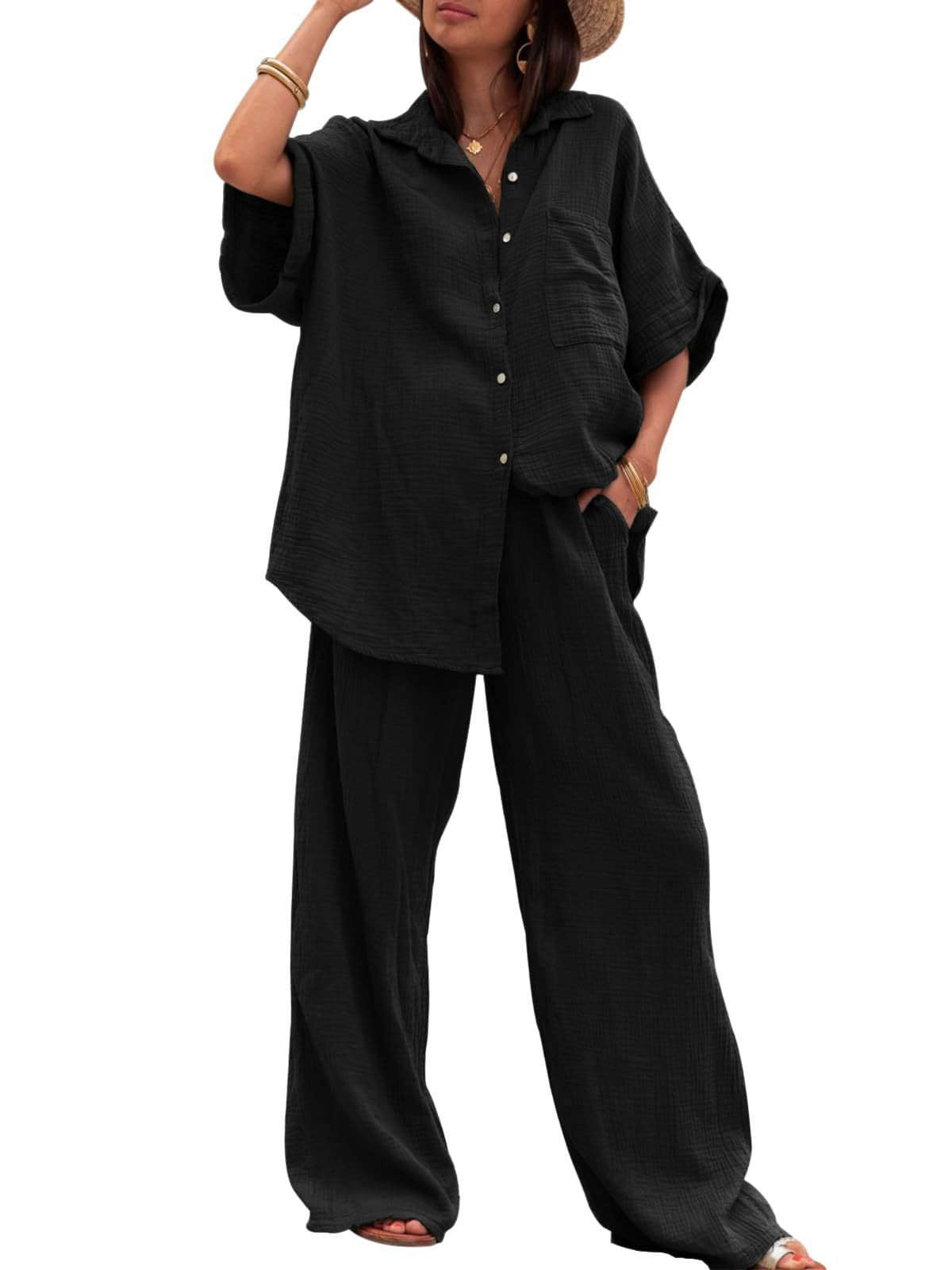 Damen luftiges Oversize-Hemd und weite Hose Set Stalluxe