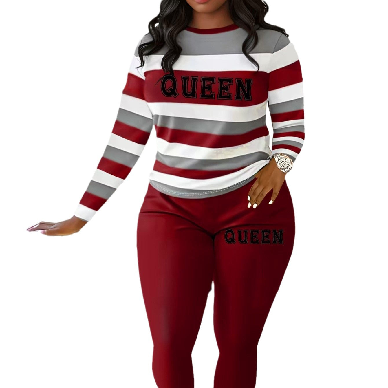 Damen Freizeit-Loungewear-Set mit gestreiftem Langarmshirt und bequemer Hose Stalluxe
