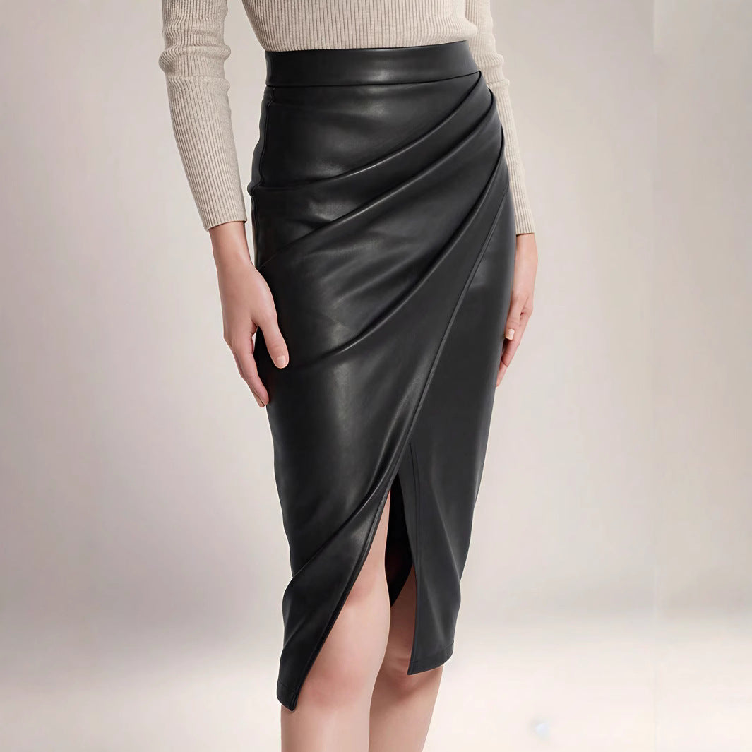 Damen Eleganter Wickelrock aus hochwertigem Kunstleder mit asymmetrischem Schnitt Stalluxe