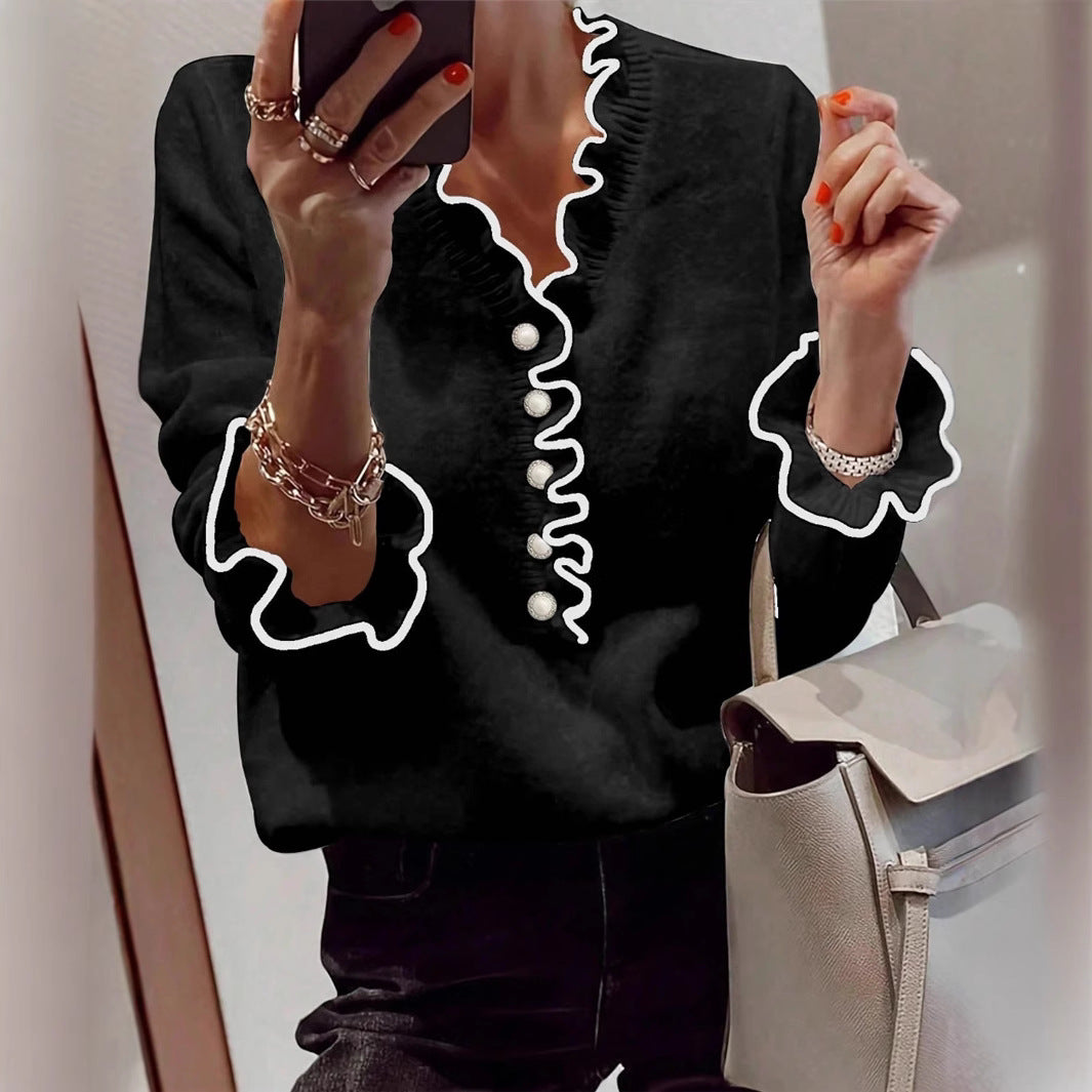 Damen Elegantes Sweatshirt mit Rüschendetails und Perlenknöpfen Stalluxe