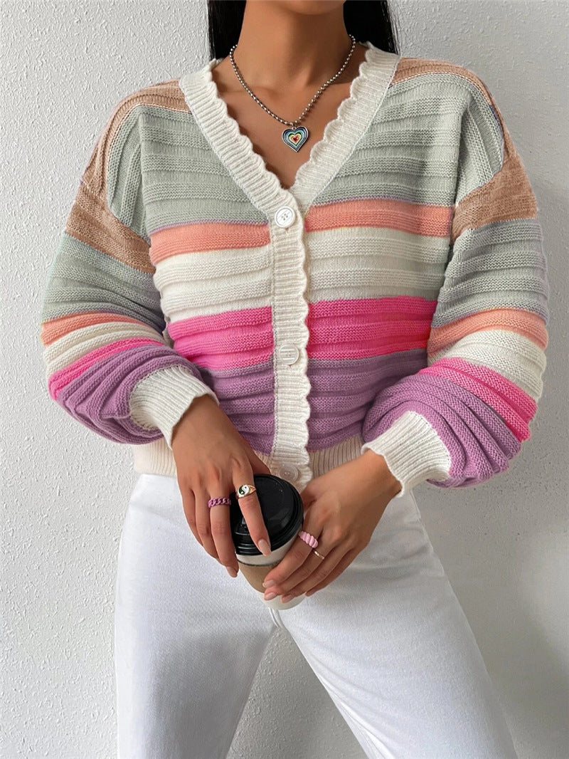 Damen Strickjacke mit modernem Streifenmuster und voluminösen Ärmeln Stalluxe