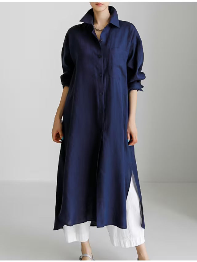 Damen Hemdblusenkleid aus leichtem Leinen mit seitlichen Schlitzen Stalluxe