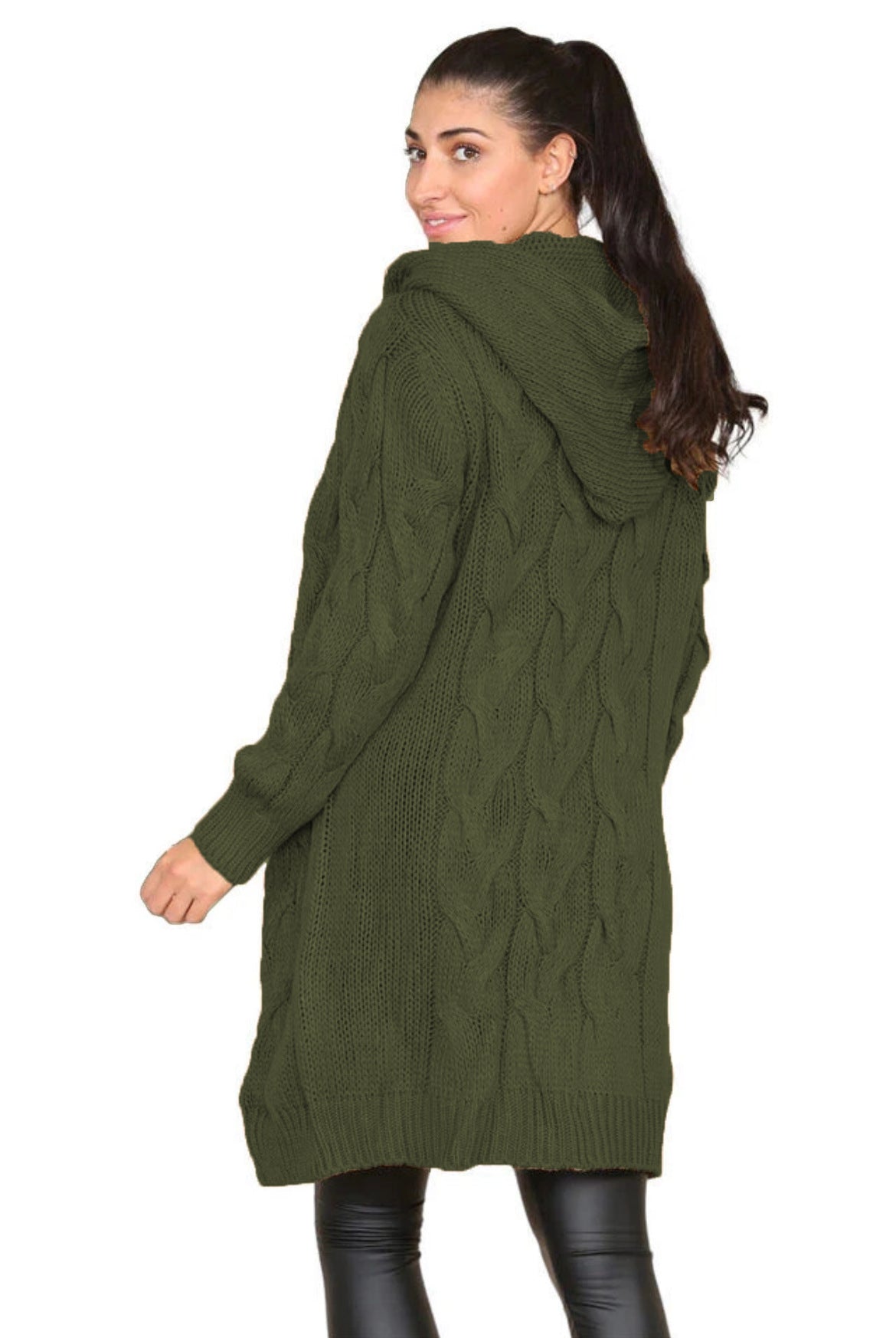 Damen Langer Strickmantel mit elegantem Zopfmuster und Kapuze Stalluxe