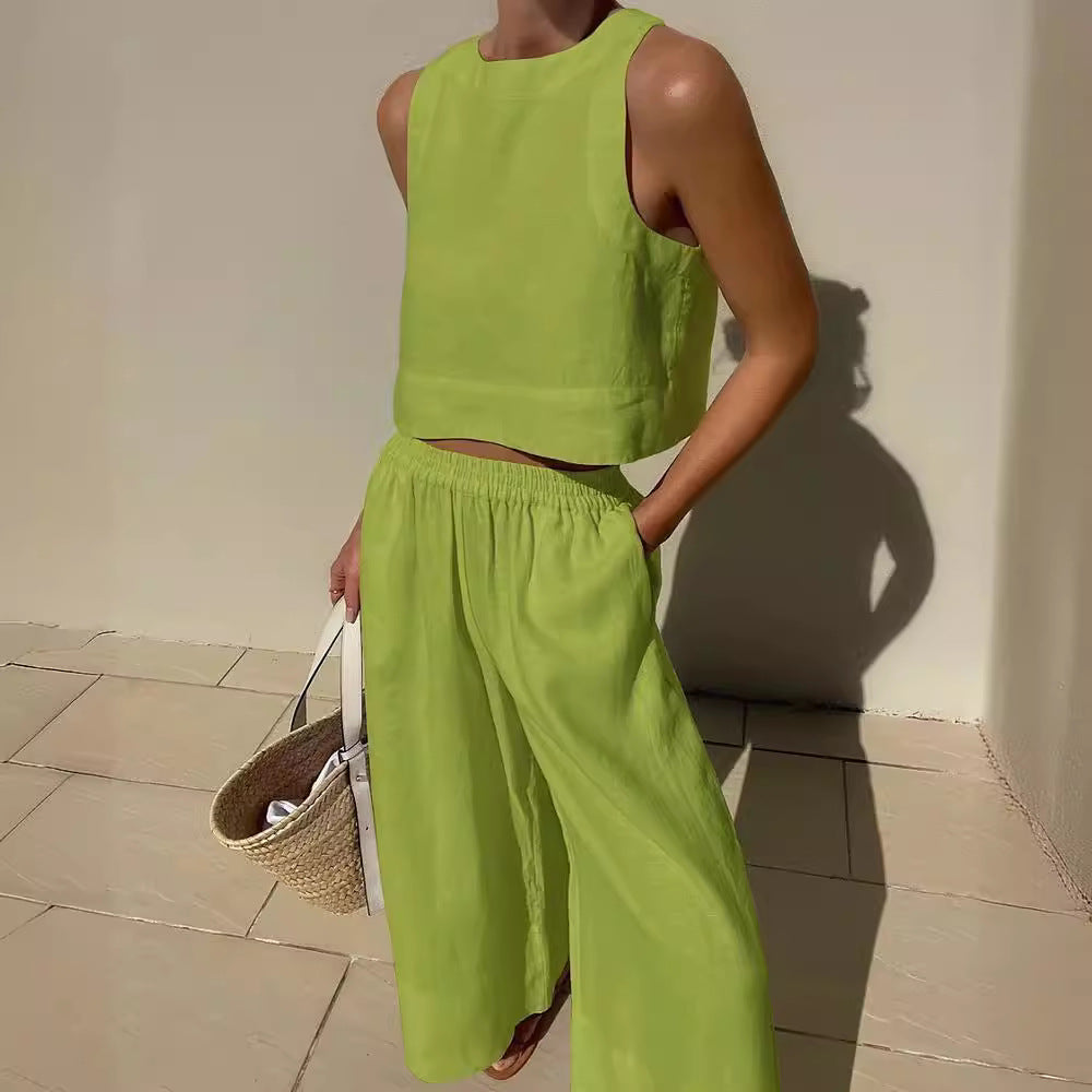 Damen luftiges und modernes Leinen-Set mit Cropped Top und weitem Hose Stalluxe