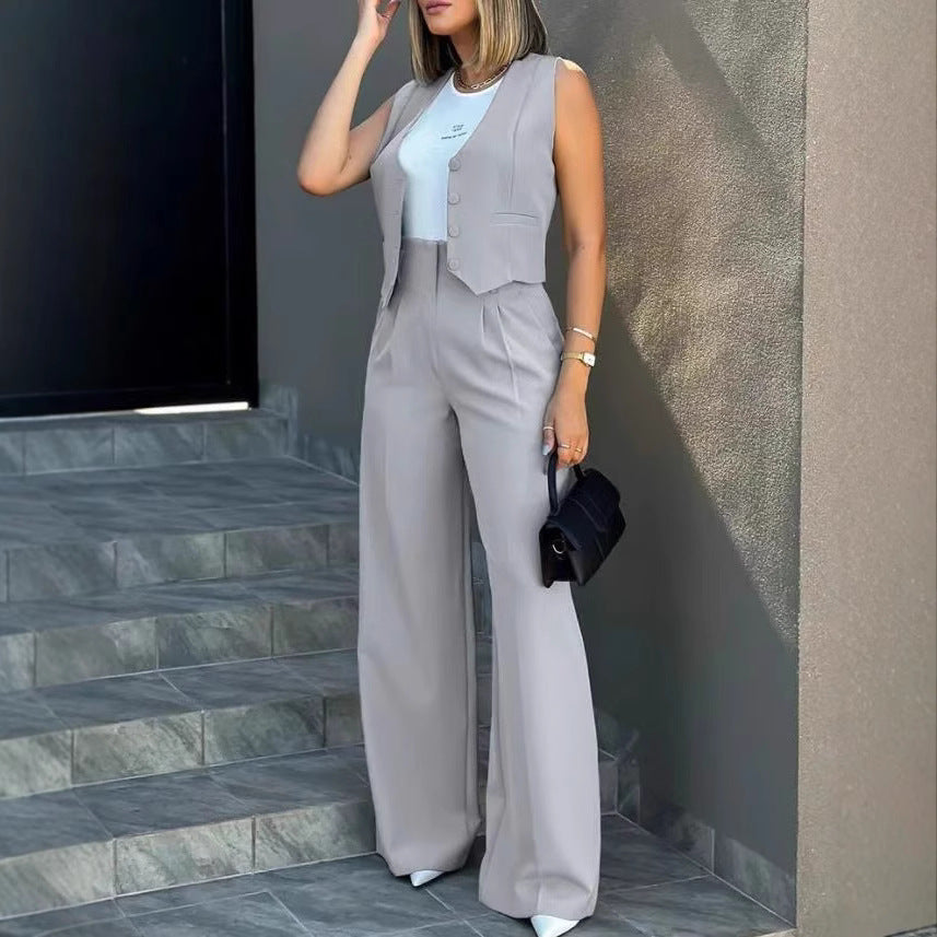 Damen Elegantes Hosenanzug-Set mit ärmellosem Blazer und weitem Schnitt Stalluxe