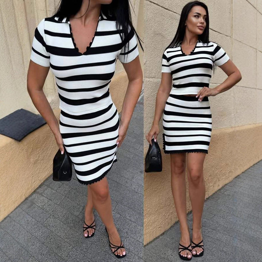 Damen Streifen Kleid mit kurzem Ärmel und Rippstruktur Stalluxe