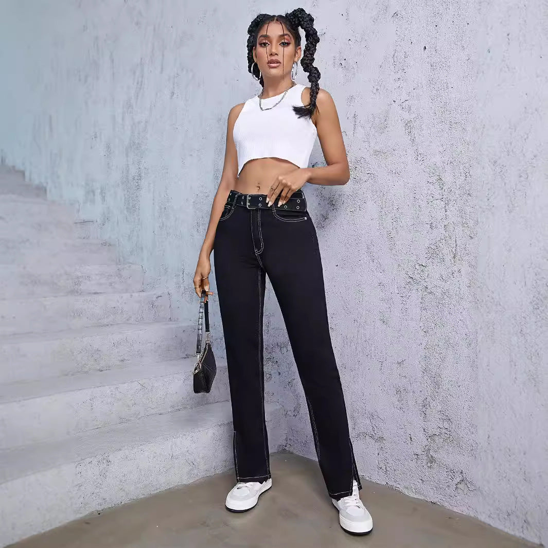 Damen Flared Jeans mit ausgefallener Knopfdetail und seitlichen Schlitzen Stalluxe