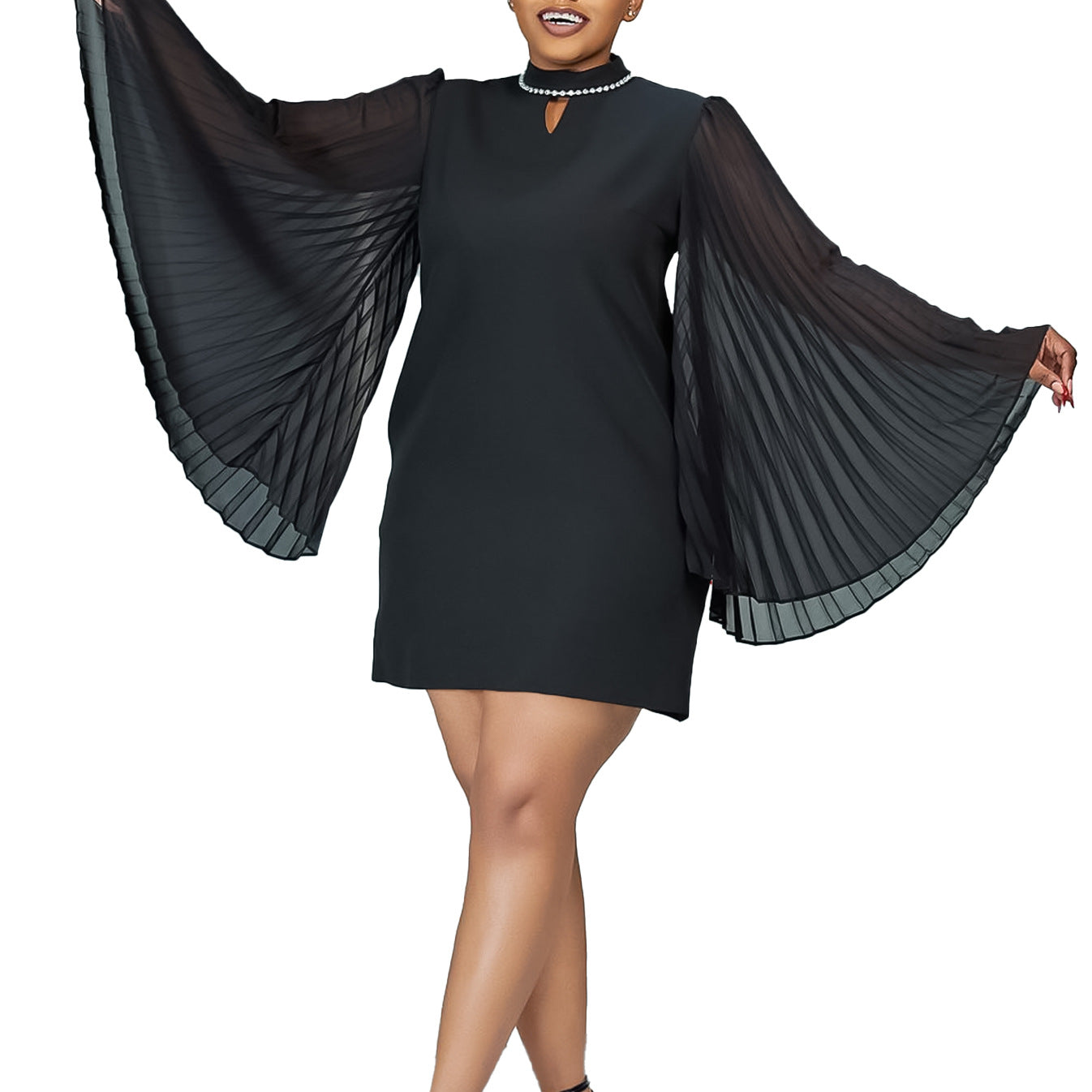 Damen Elegantes Kleid mit geschlitztem Kragen und plissierten Ärmeln Stalluxe