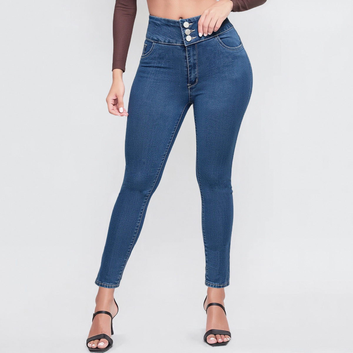 Damen Hochgeschnittene Skinny Jeans mit modischen Knopfdetails Stalluxe