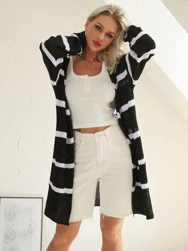 Damen Langer Strickcardigan mit Streifenmuster und offenem Design Stalluxe