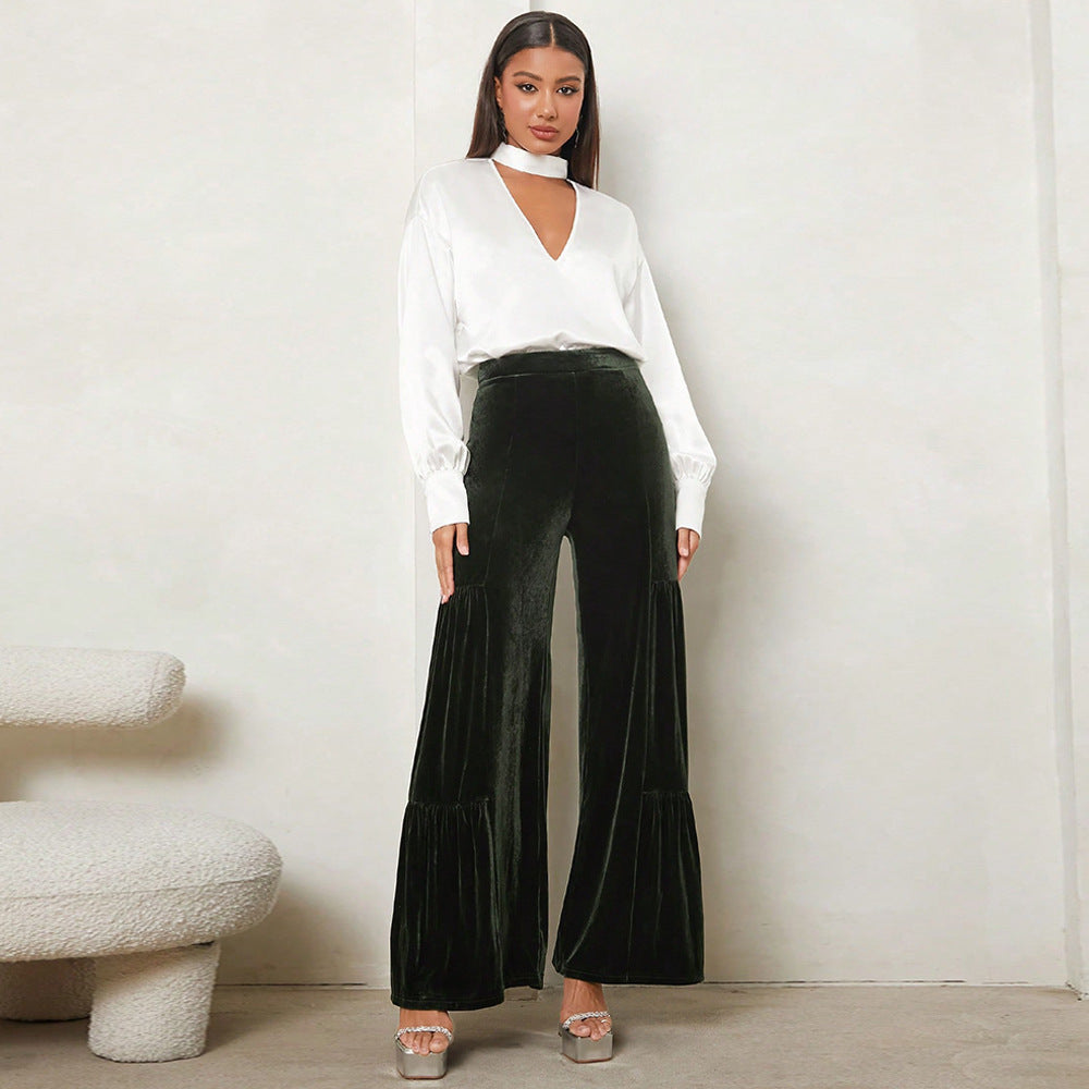Damen Weit geschnittene Plüsch-Hose mit Falten und hohem Bund Stalluxe