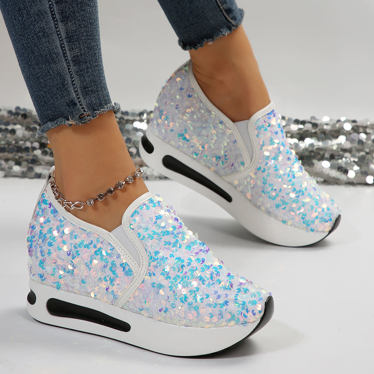 Damen Wedge-Sneaker mit funkelnden Pailletten und rutschfester Sohle Stalluxe