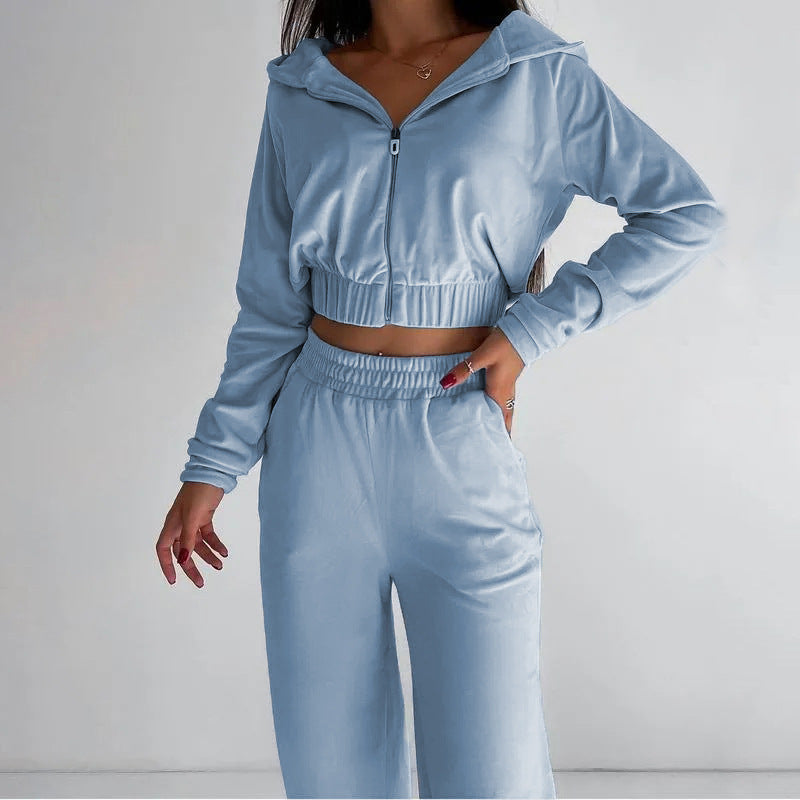 Damen modischer Velours-Cropped-Hoodie und weite Sporthose Set Stalluxe