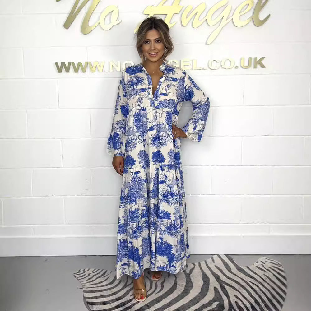Damen lässiges Maxikleid mit dekorativem Print und langem Ärmel Stalluxe