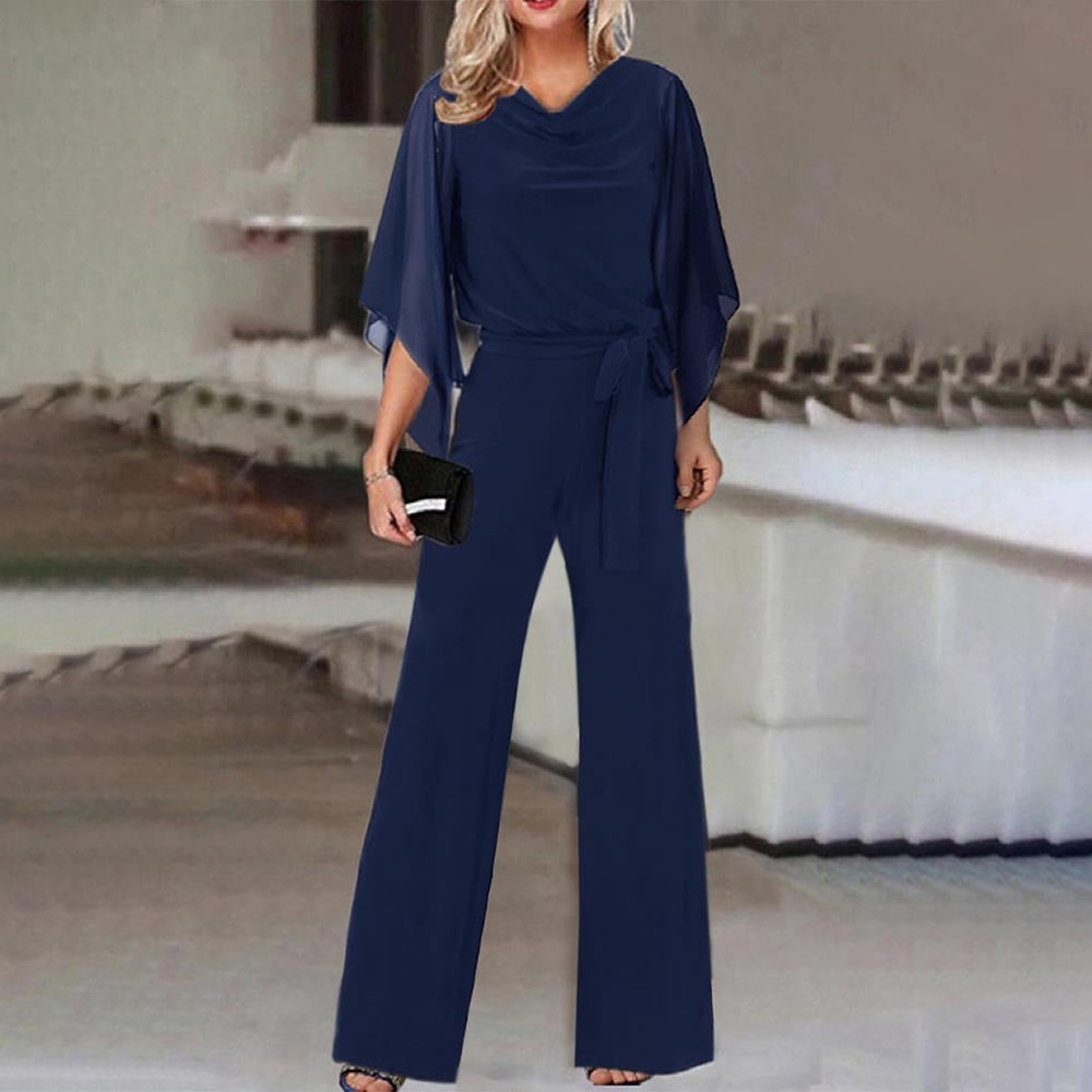 Damen eleganter Jumpsuit mit schwingenden Ärmeln und tailliertem Gürtel Stalluxe