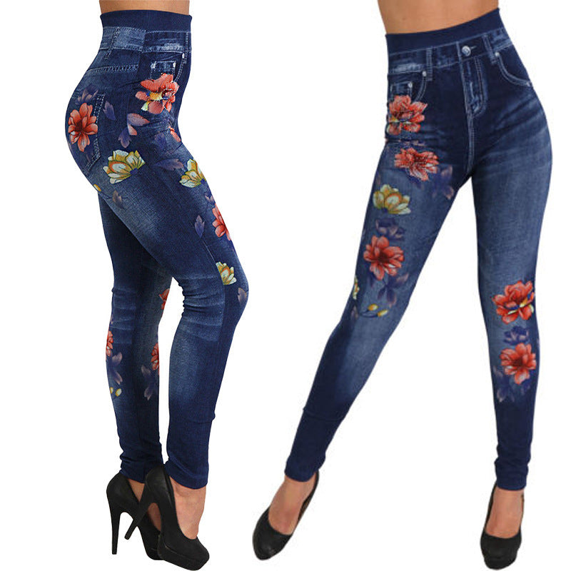 Damen Floral-Design Hochbund-Leggings aus Denim Stalluxe