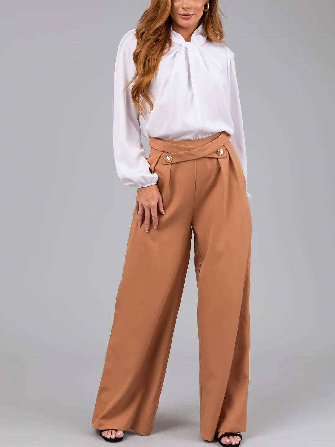 Damen elegante Bluse mit Bogenkragen und weiten Hose Stalluxe