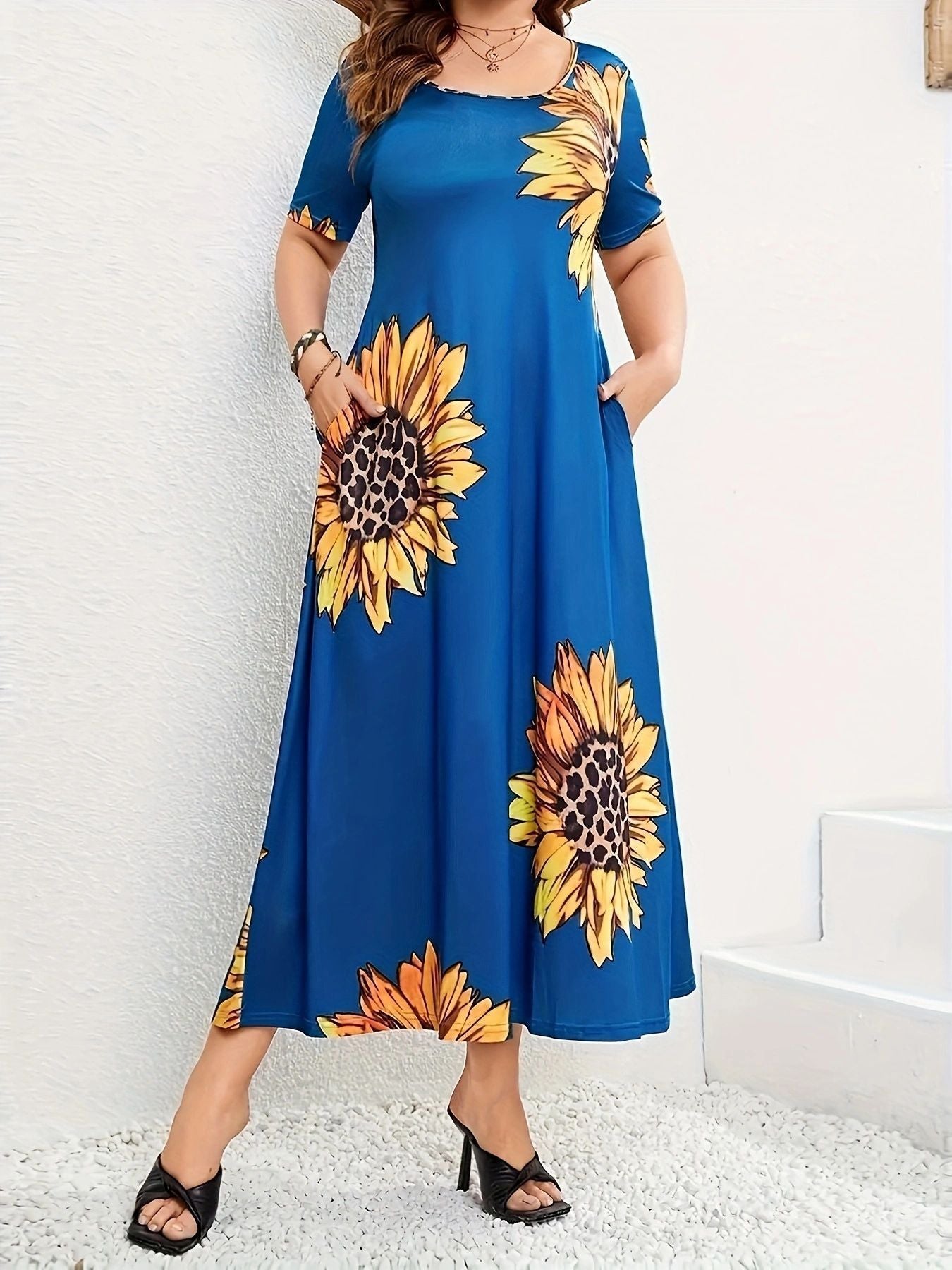 Damen Sommerliches Maxikleid mit floralem Sonnenblumenmuster und praktischen Taschen Stalluxe