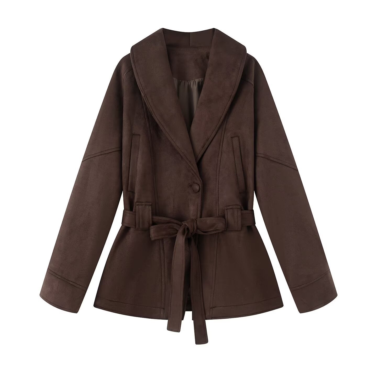Damen elegante Suede-Jacke mit Taillengürtel und großem Revers Stalluxe