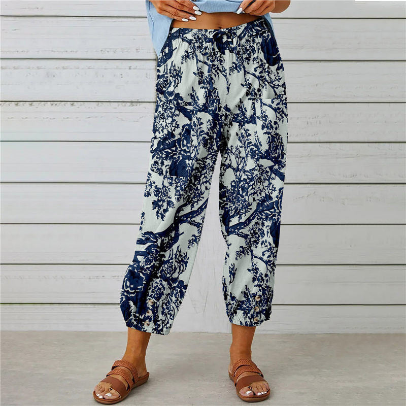 Damen lässige Pant mit floralem Druck und praktischen Knöpfen Stalluxe
