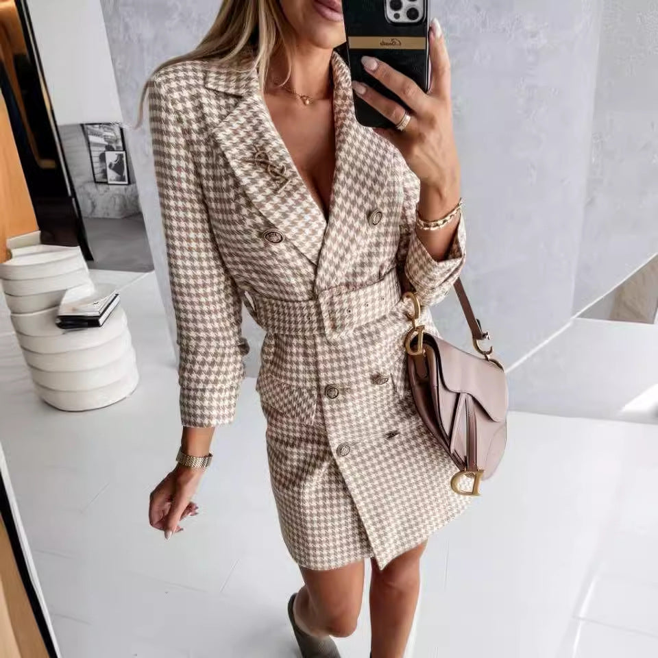Damen eleganter Karomantel mit Taillengürtel Stalluxe