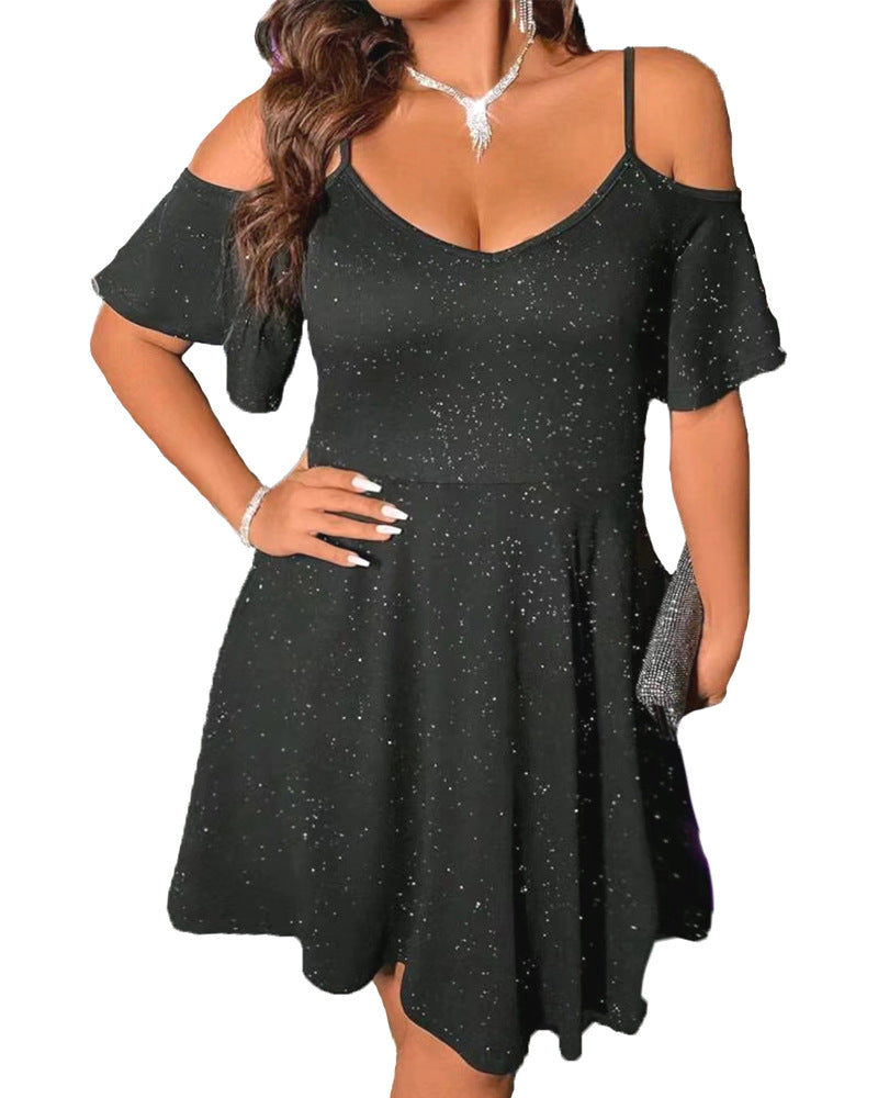 Damen verspieltes Kurzarmkleid mit offener Schulter und schimmerndem Detail Stalluxe