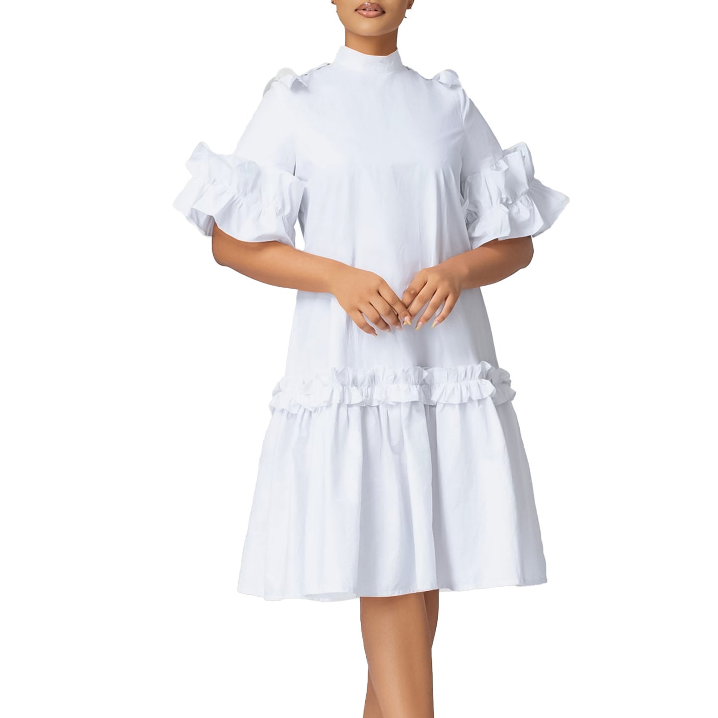 Damen Rüschenkleid mit hohem Kragen und Volantärmeln Stalluxe