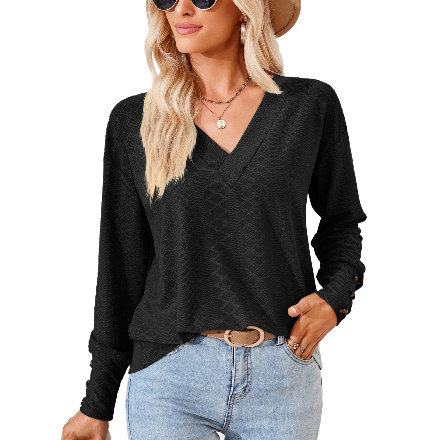 Damen Langarmbluse mit raffiniertem V-Ausschnitt und strukturiertem Design Stalluxe