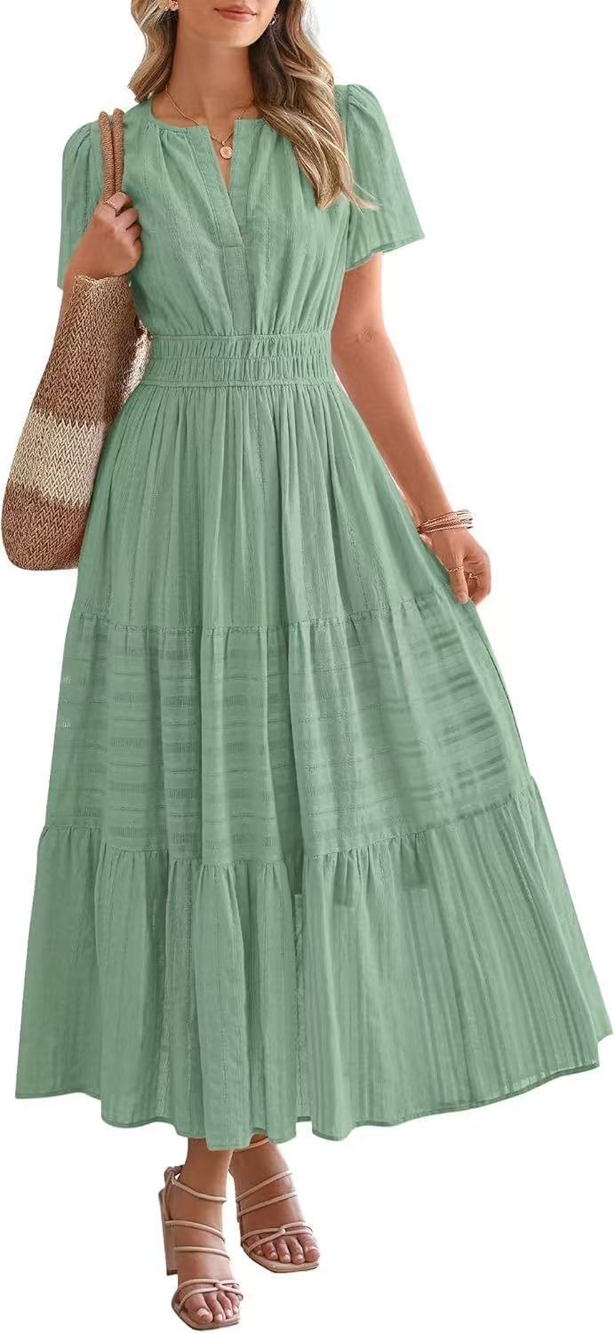Damen Maxikleid mit modischem V-Ausschnitt und luftigen Rüschen Stalluxe