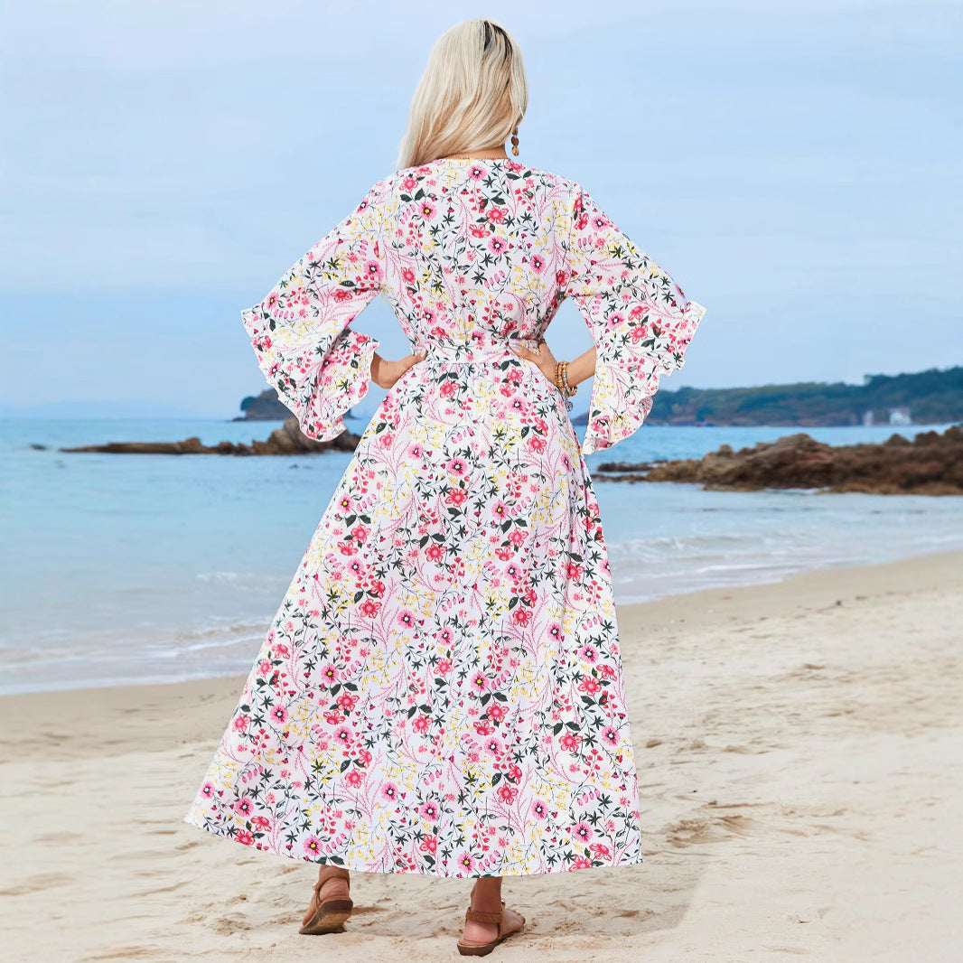 Damen Maxikleid mit romantischem V-Ausschnitt und weit ausgestellten Ärmeln Stalluxe