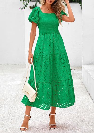 Damen Maxikleid mit dekorativem Lochmuster und Puffärmeln Stalluxe