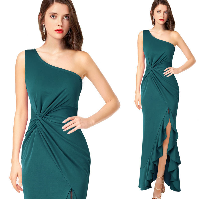 Damen Maxikleid mit asymmetrischem Ausschnitt und elegantem Raffdesign Stalluxe